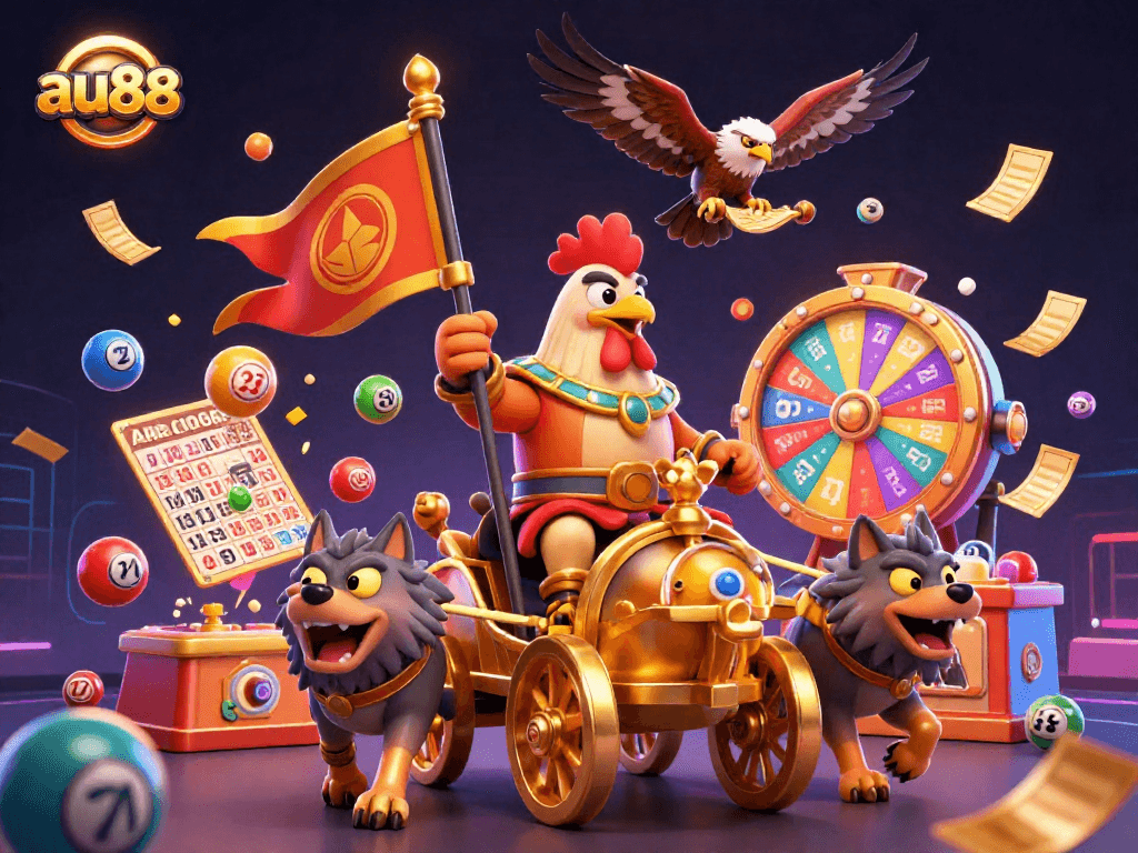 Experience exhilarating gaming at au88 with dynamic lottery elements and stunning 3D visuals featuring a rooster warlord.