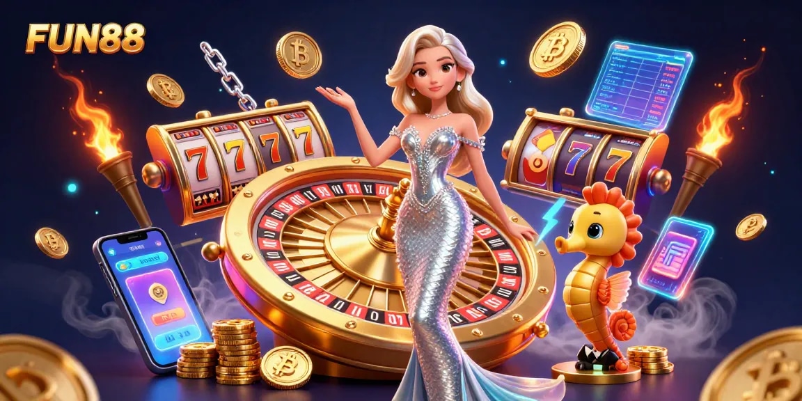 Engage with FUN88's vibrant online slots experience featuring a dazzling mermaid and roulette.