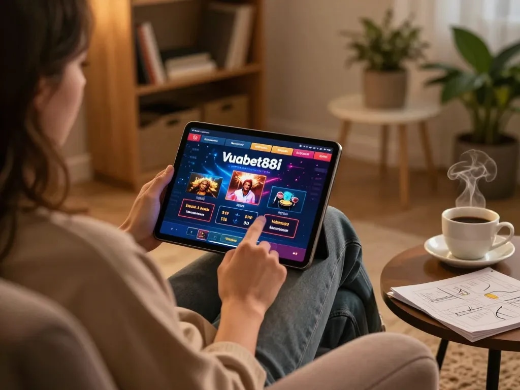 User enjoying a strategic gaming session on Vuabet88i's platform with a tablet interface.