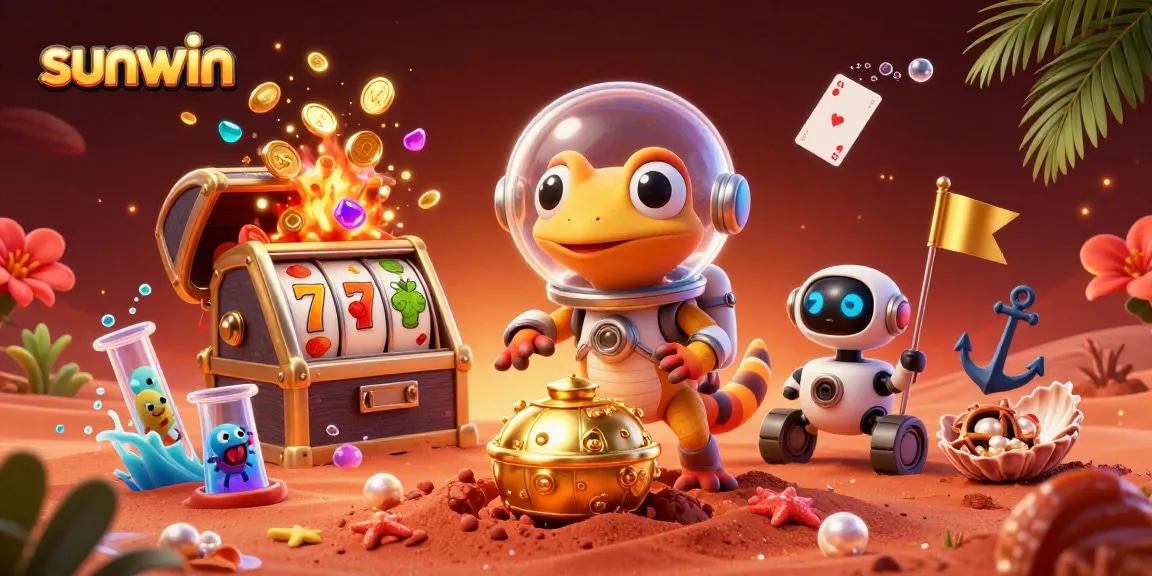 Join the fun at sunwin with a Martian gecko discovering a golden casino on Mars amidst bursting treasures.