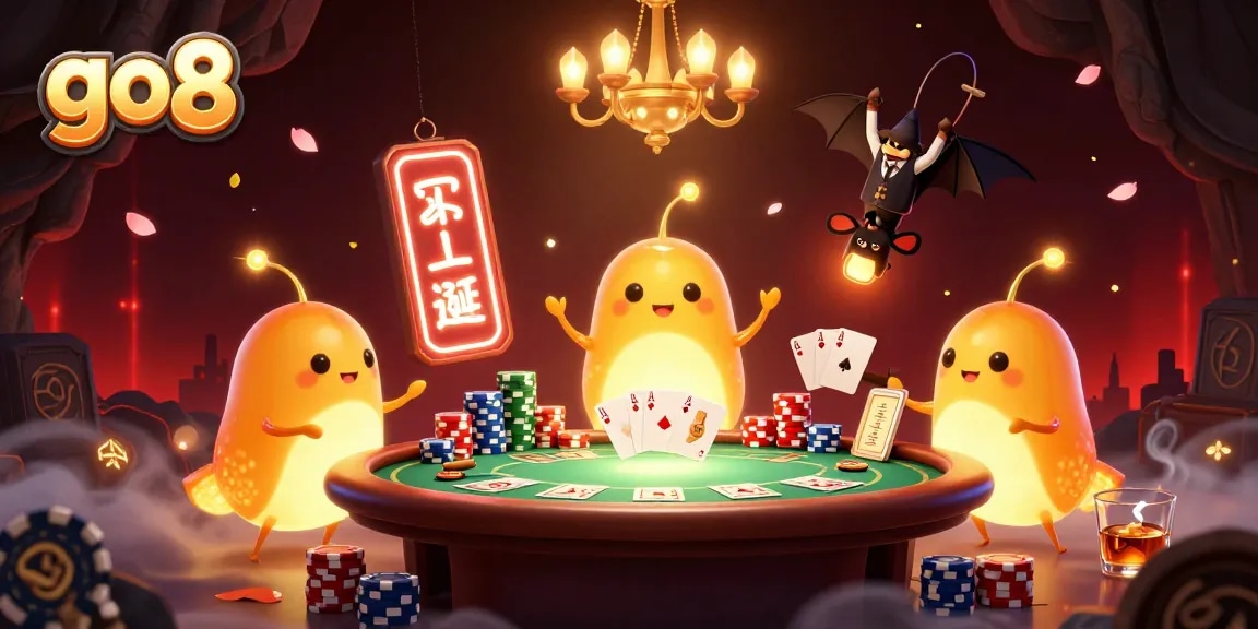 Experience thrilling go8 casino action with glowworms lighting up the poker table in a vibrant cave setting.