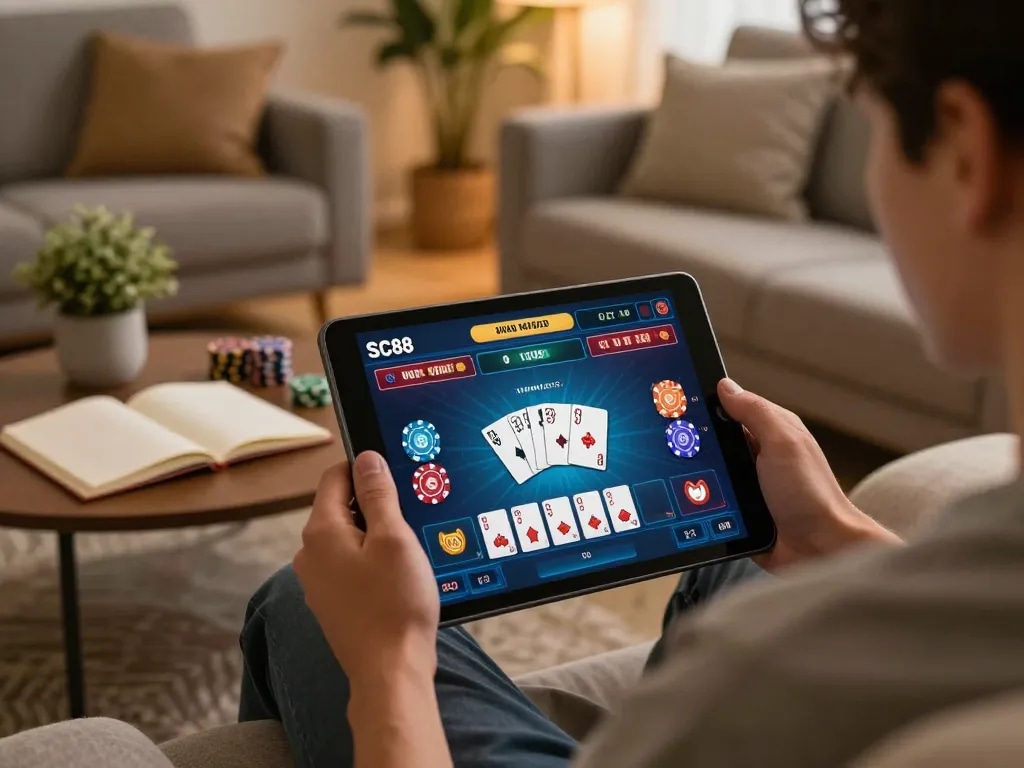 Engaging in trò chơi sc88 on a mobile device in a cozy home setting, showcasing a player immersed in online gaming.