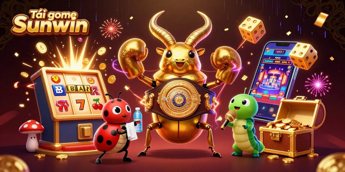 Experience Tải game Sunwin with a dynamic 3D casino scene featuring colorful symbols and engaging characters.