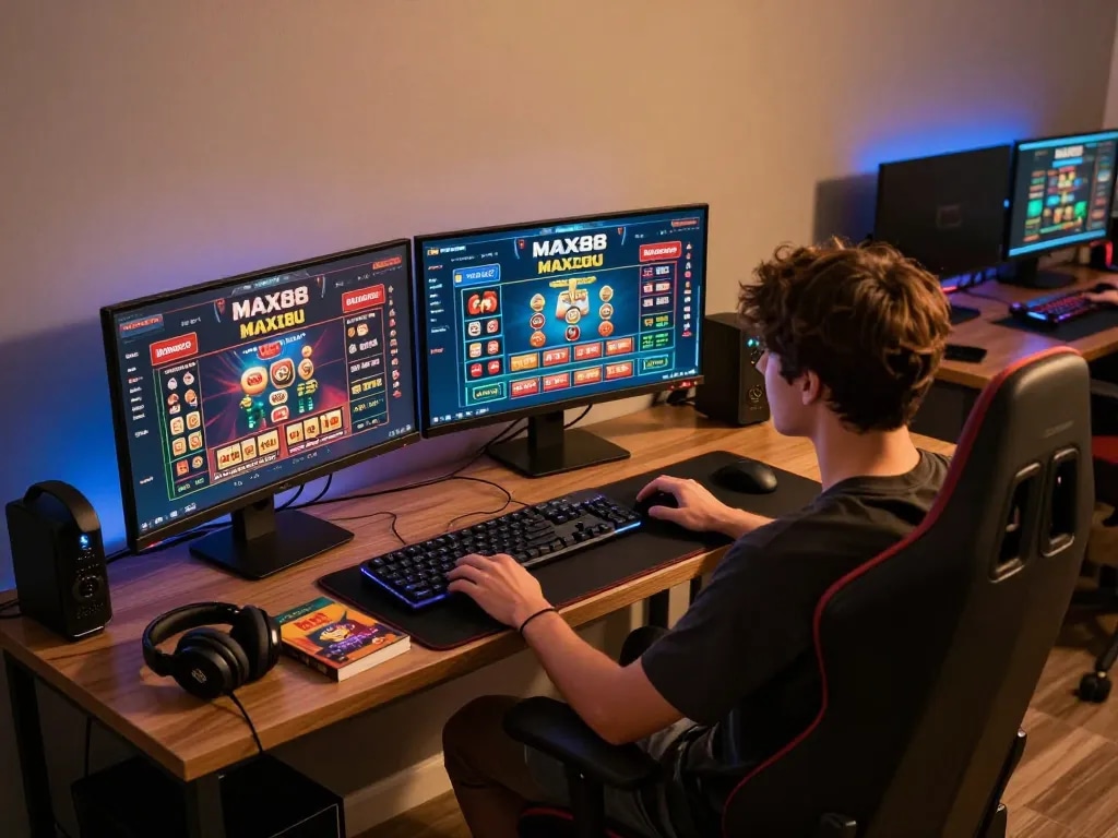 Experience thrilling gameplay at MAX88 with vibrant online gaming setup featuring dual monitors and strategic tools.