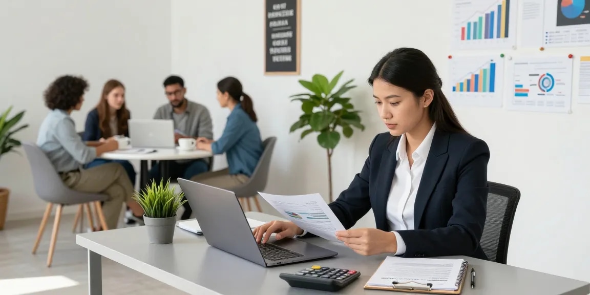 Accountant providing accounting services for small business in a bright office.