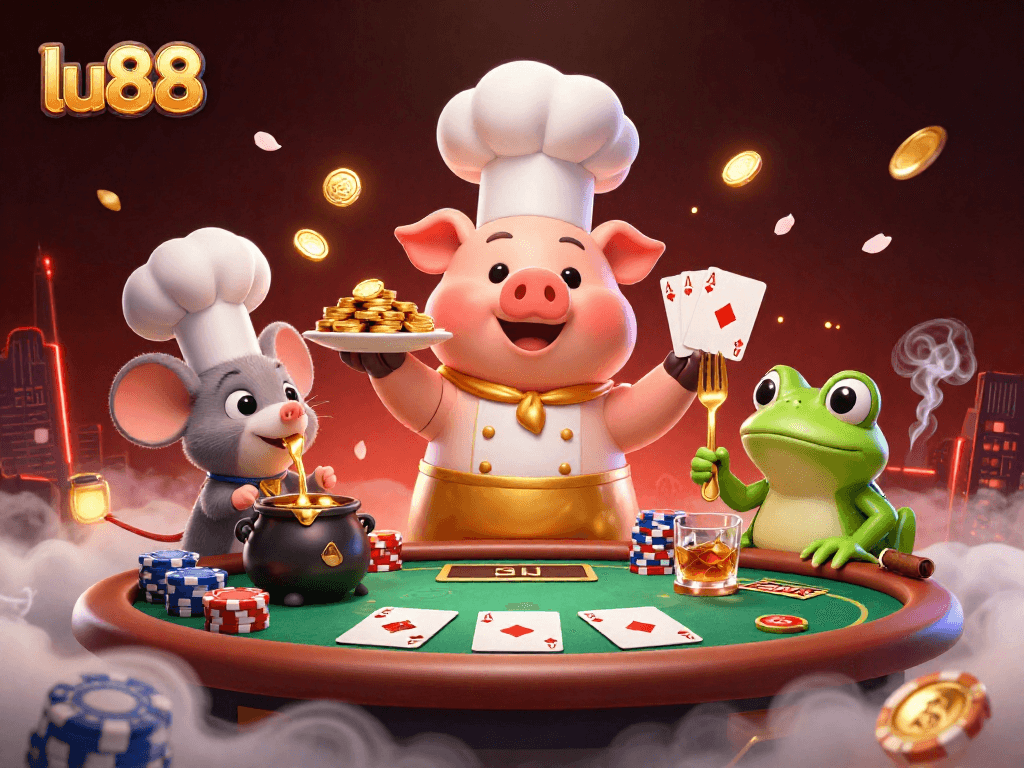 Experience lu88's vibrant casino atmosphere with animated characters enjoying gold coins and poker action.