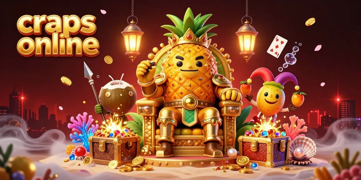 Capture the excitement of craps online with a vibrant 3D illustration featuring a pineapple king and a beach casino scene.