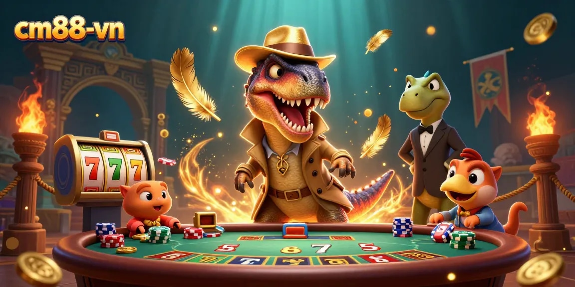Experience dynamic slots action at cm88-vn with a velociraptor card counter and colorful game elements.