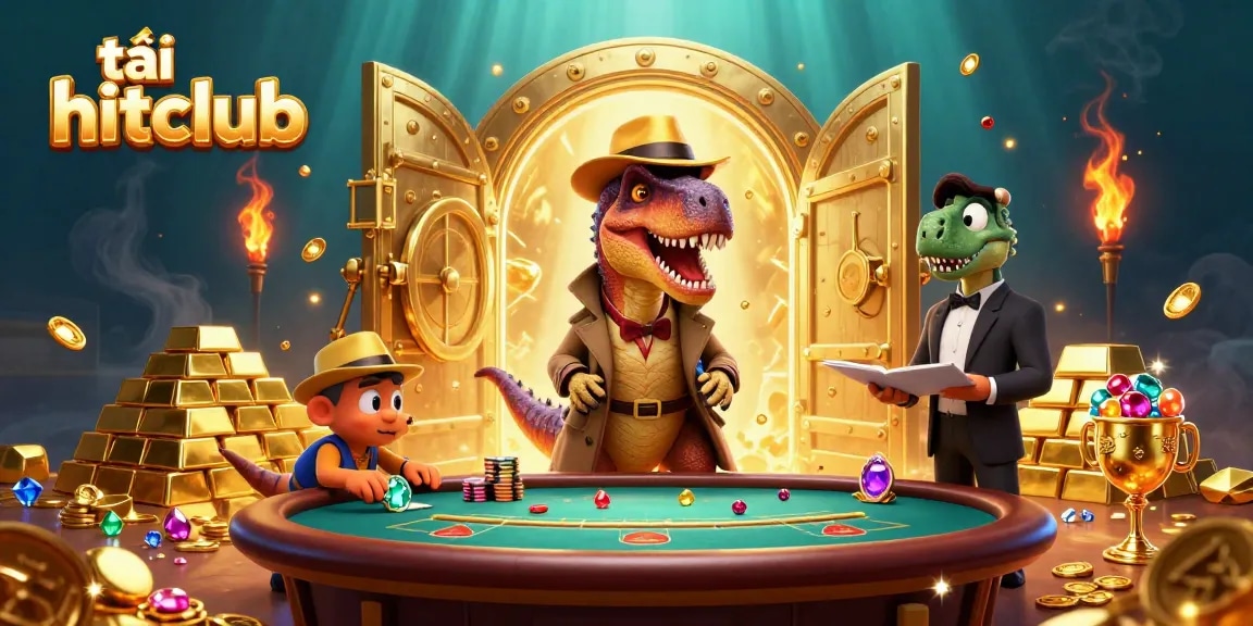 Experience the thrill of tải hitclub with a unique 3D casino scene featuring a velociraptor card counter.