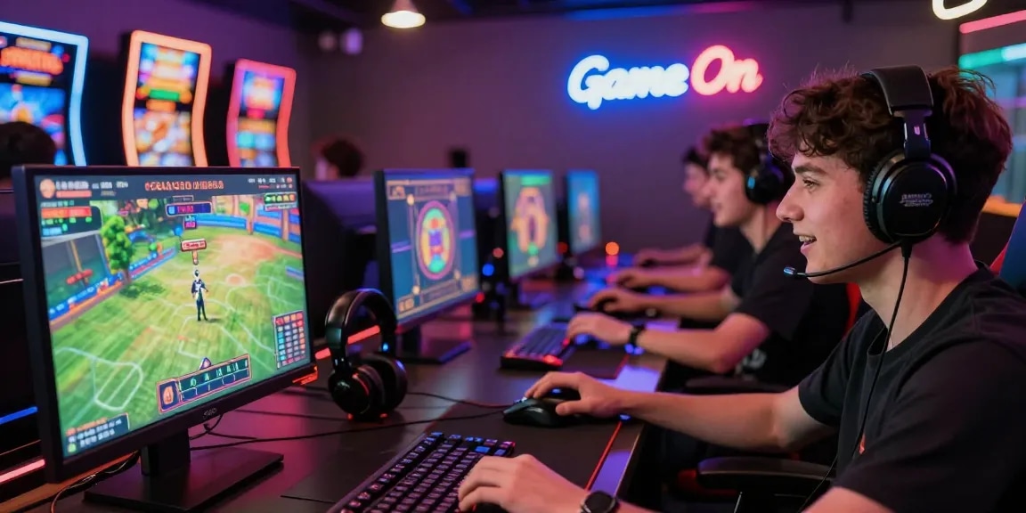 Online gaming excitement at https://79club.dev/ showcasing vibrant gaming atmosphere with various screens and colorful lights.