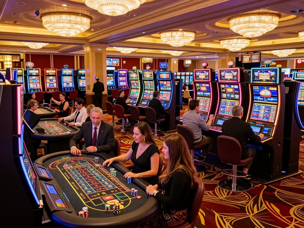 Players enjoying a thrilling experience in a lively casino atmosphere at say88 with colorful slot machines and vibrant décor.