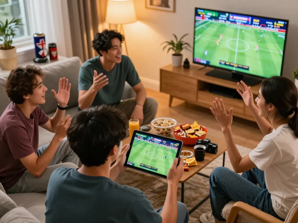 Kết quả bóng đá viewed on a tablet in an engaging home sports betting scene with excited friends.
