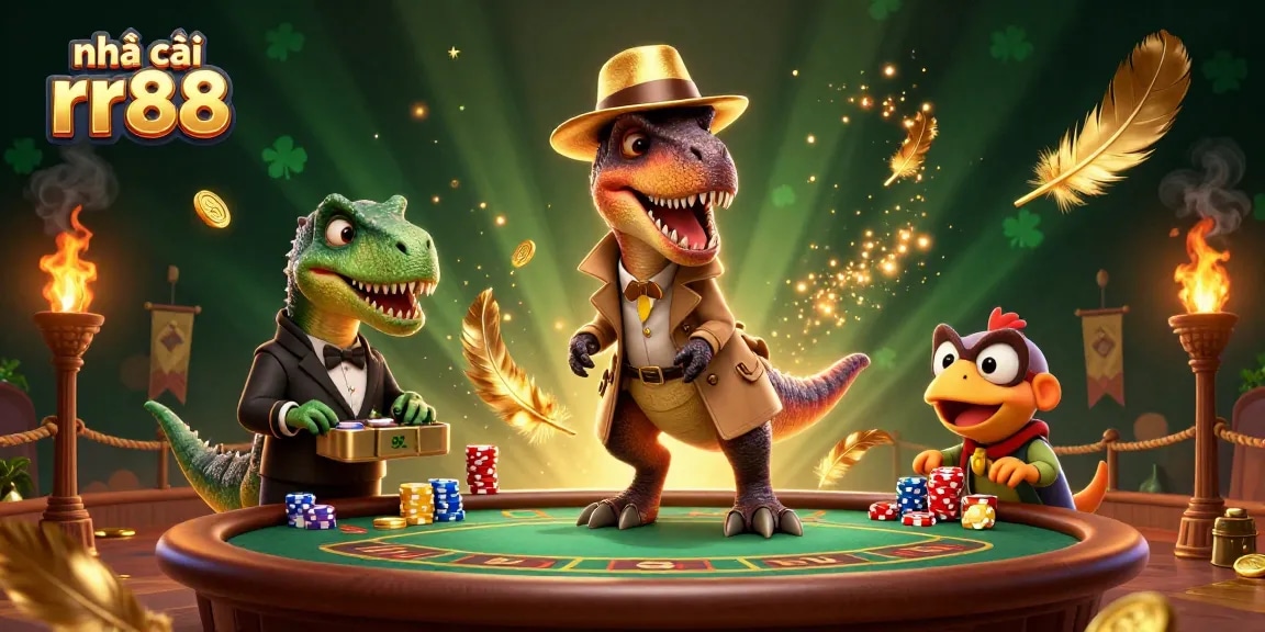 Experience dynamic gaming at nhà cái rr88 with cartoon dinosaurs in a casino scene.