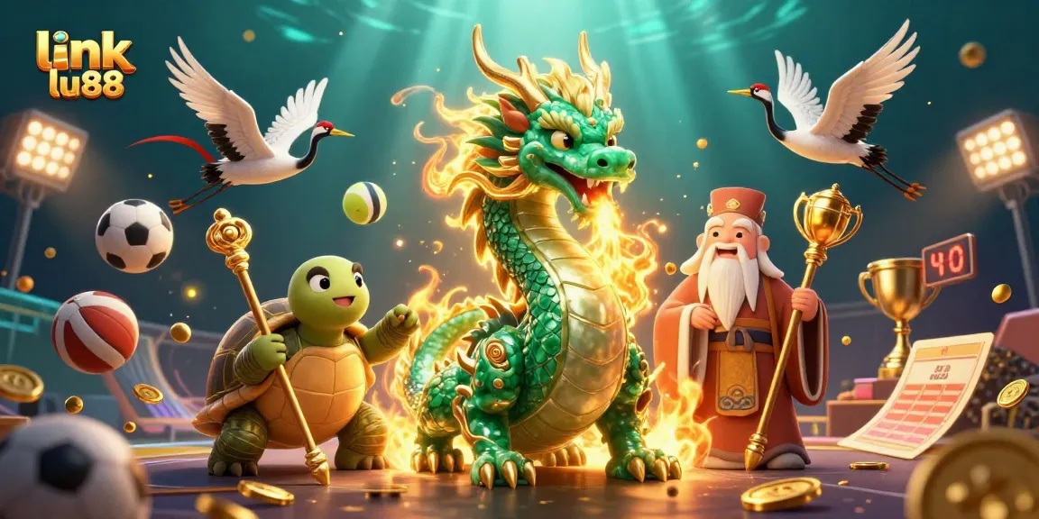 Bet on exciting games with link lu88, featuring captivating visuals of a dragon, turtle sage, and lucky cranes.