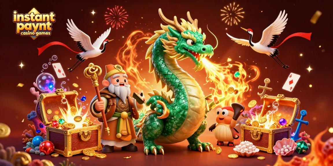 Engage in instant payout casino games with vibrant characters like a jade dragon and turtle sage amidst gold coins and colorful gems.