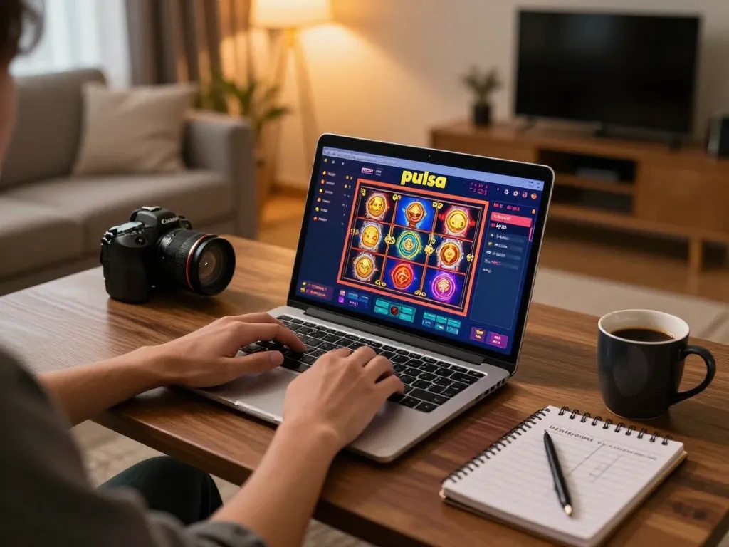Engaging online slot pulsa gameplay in a cozy home environment, with gameplay strategies visible.