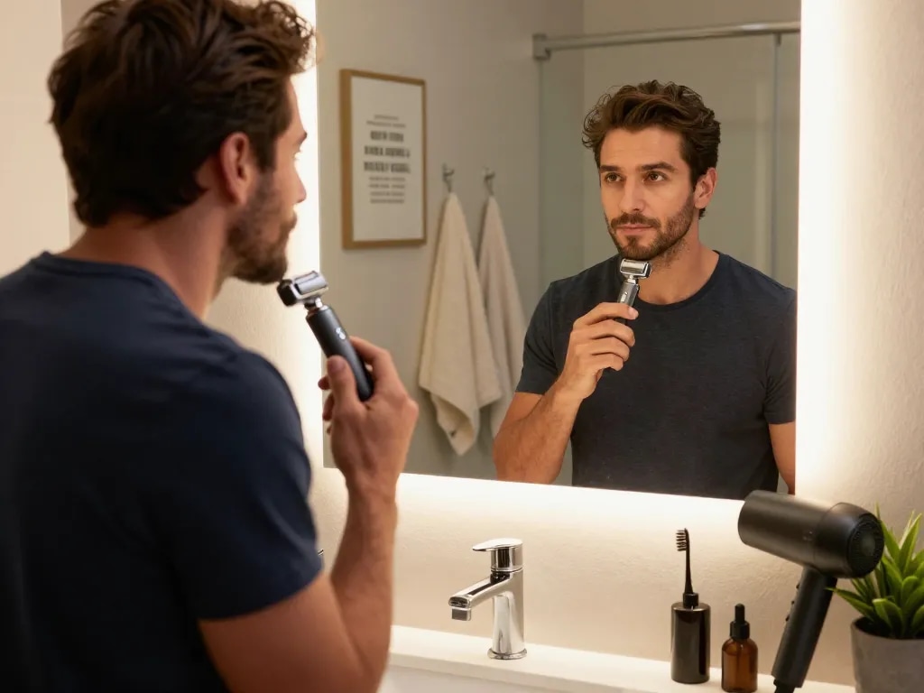 Man using a Laifen shaver in a modern bathroom with sleek grooming accessories.