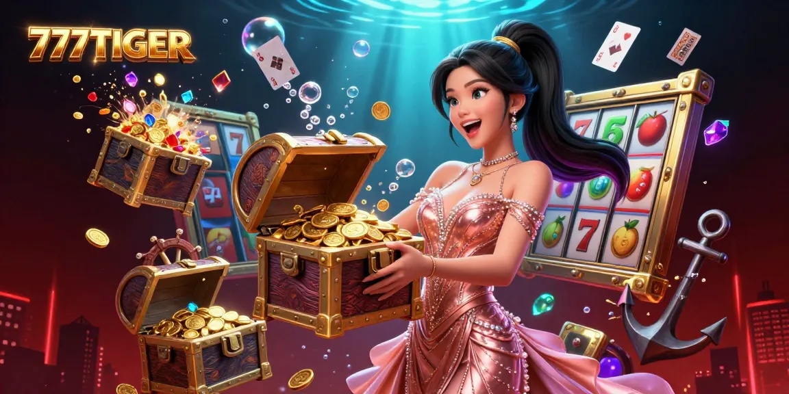 Experience excitement at 777TIGER with a dazzling treasure chest revealing golden jackpots and slot symbols.
