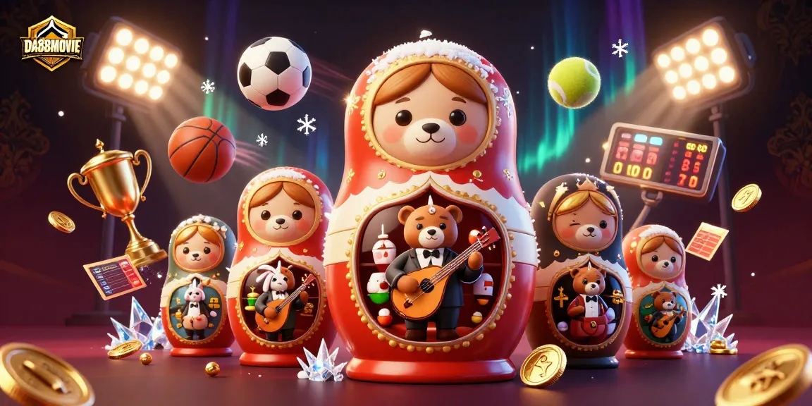 Engage with DA88MOVIE's vibrant 3D casino illustration showcasing playful characters and dynamic sports-themed elements.