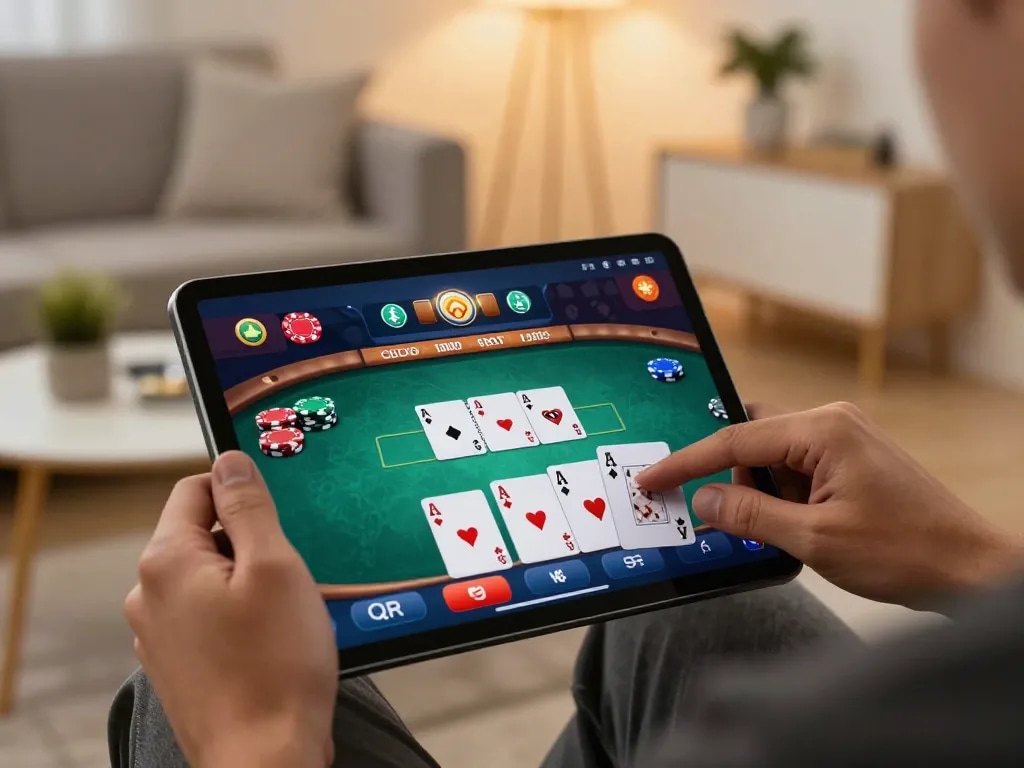 Jun88 player engaged in online poker game, showcasing vibrant interface and strategic betting.
