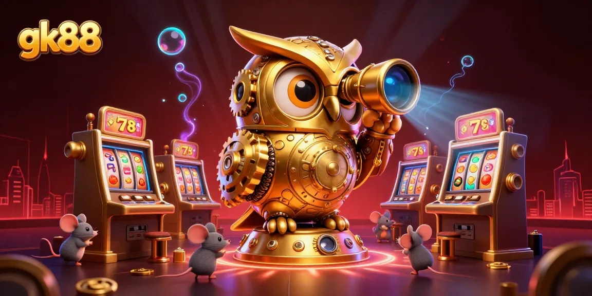 Engage with gk88's thrilling casino atmosphere featuring dynamic slots and a whimsical owl.