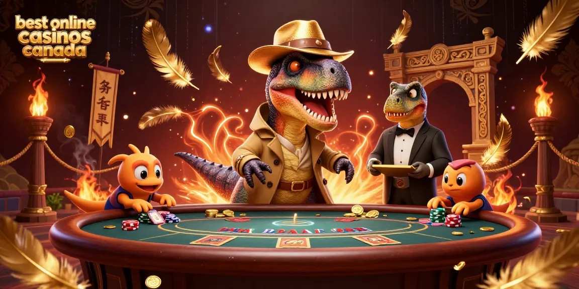 Experience engaging moments at the best online casinos Canada as a cartoon velociraptor plays blackjack.