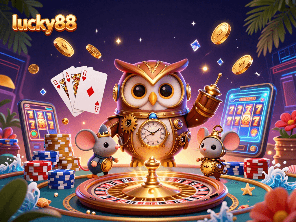 Experience the excitement of lucky88 with a whimsical steampunk owl and casino elements in a vibrant scene.