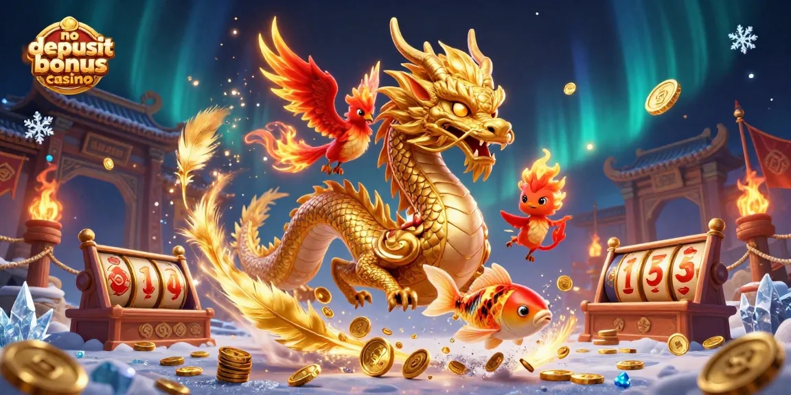 Experience excitement at the no deposit bonus casino with golden dragon, phoenix, and koi fish.