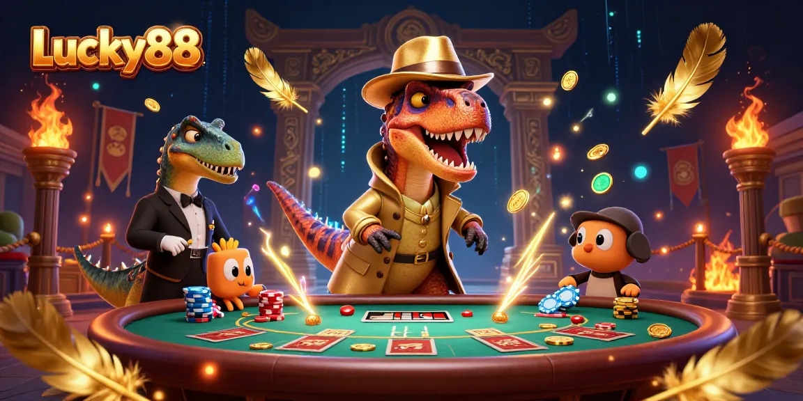 Unleash excitement with Lucky88 at a blackjack table featuring vibrant dinosaurs and magical effects.