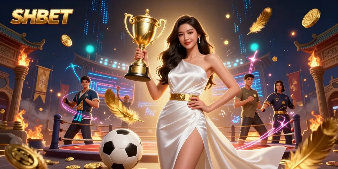 Engage with the thrilling SHBET casino experience featuring a confident winner and dynamic sports betting elements.