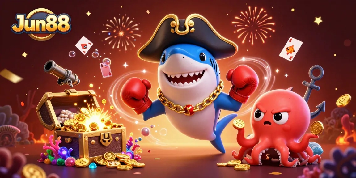 Experience thrilling gaming at Jun88 with a vibrant underwater treasure scene featuring playful characters.