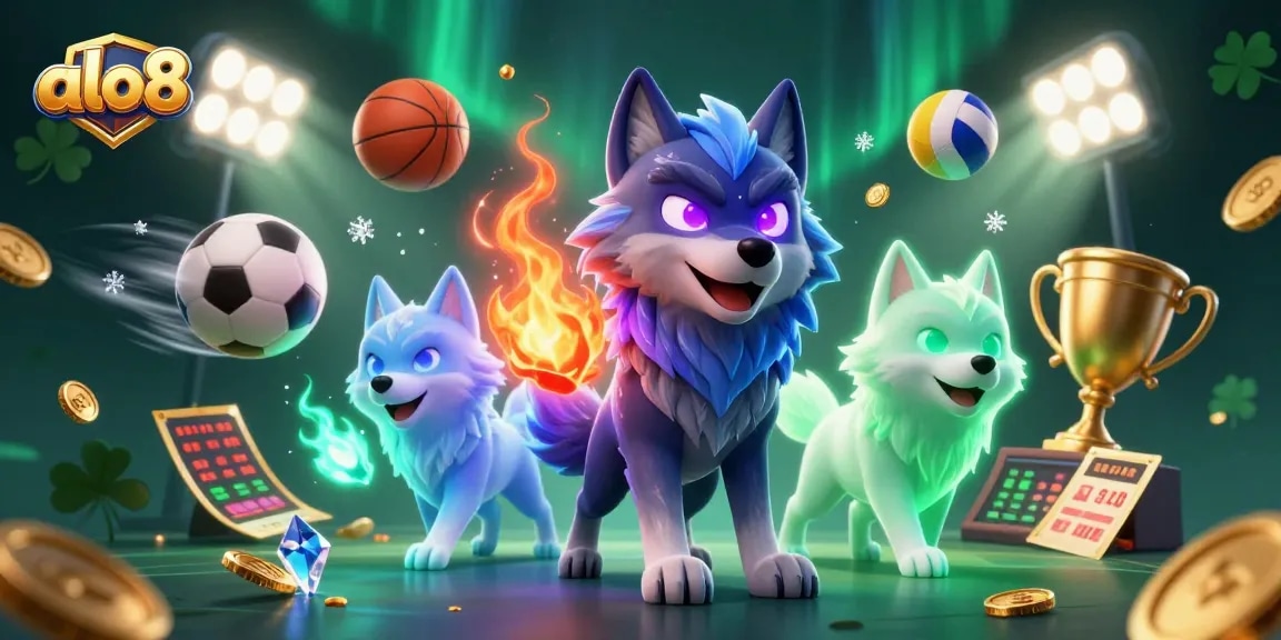 Experience the excitement of betting at alo8 with dynamic sports elements, ghostly wolves, and vibrant energy.