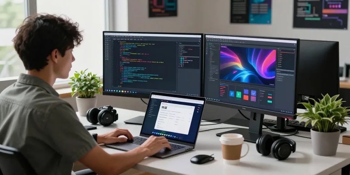 快连 network acceleration interface displayed on dual monitors in a modern tech workspace.