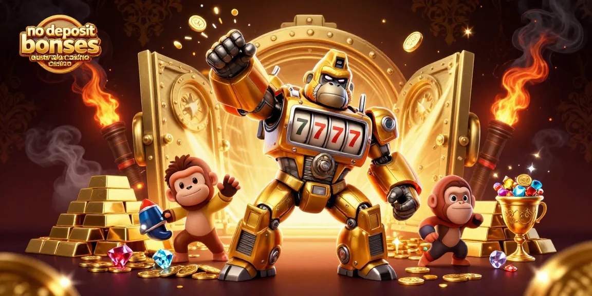 No deposit bonuses Australia casino showcased with a golden gorilla mech and treasure-rich elements.