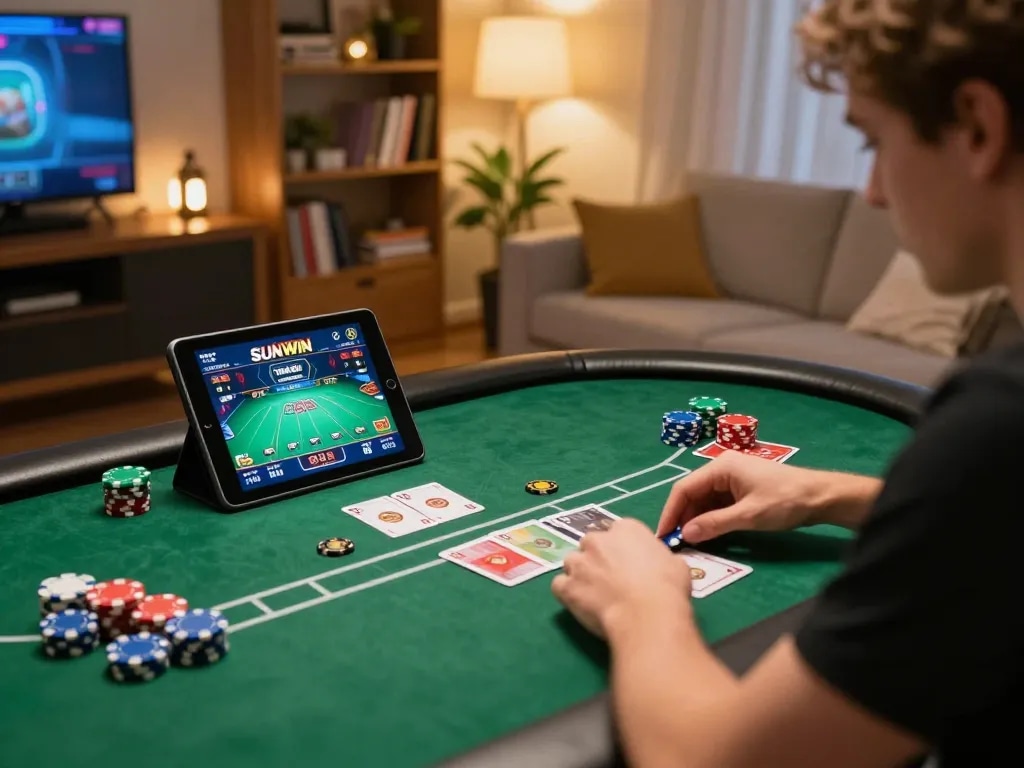 Engaging online gaming session on SUNWIN TRANG CHỦ highlighting poker gameplay in a cozy living room setting