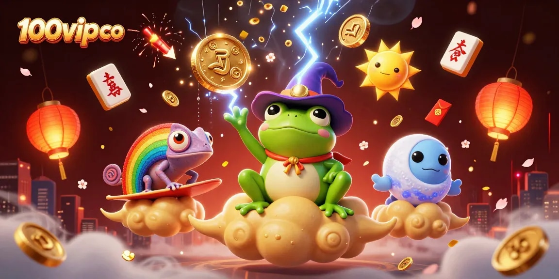 Immerse in the thrilling world of 100vip co, where a wizard frog conjures golden coins amidst vibrant casino symbols.