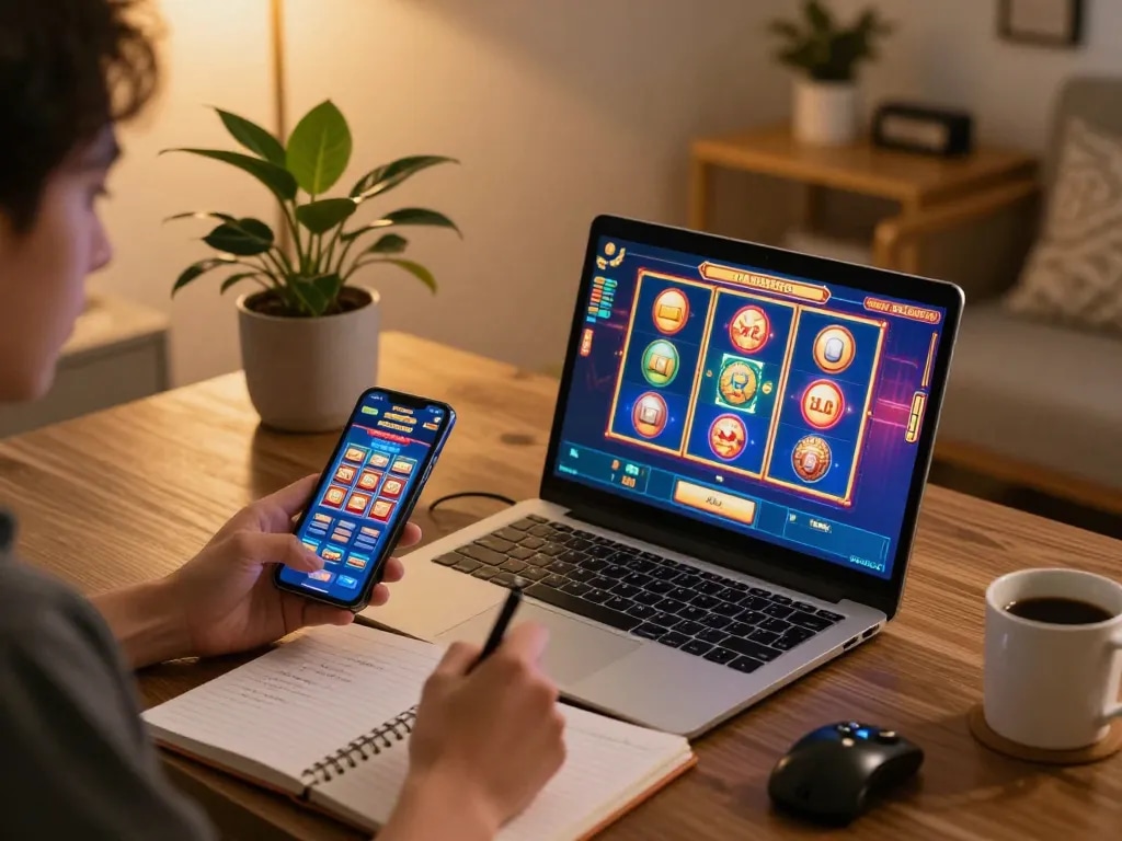 Engaging in slot gacor gameplay on a laptop while strategizing at home, capturing the essence of online casino entertainment.