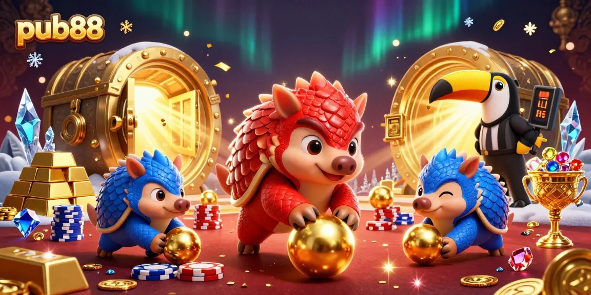Experience thrilling wins with pub88 in a vibrant 3D illustration featuring rival pangolins and casino treasures.