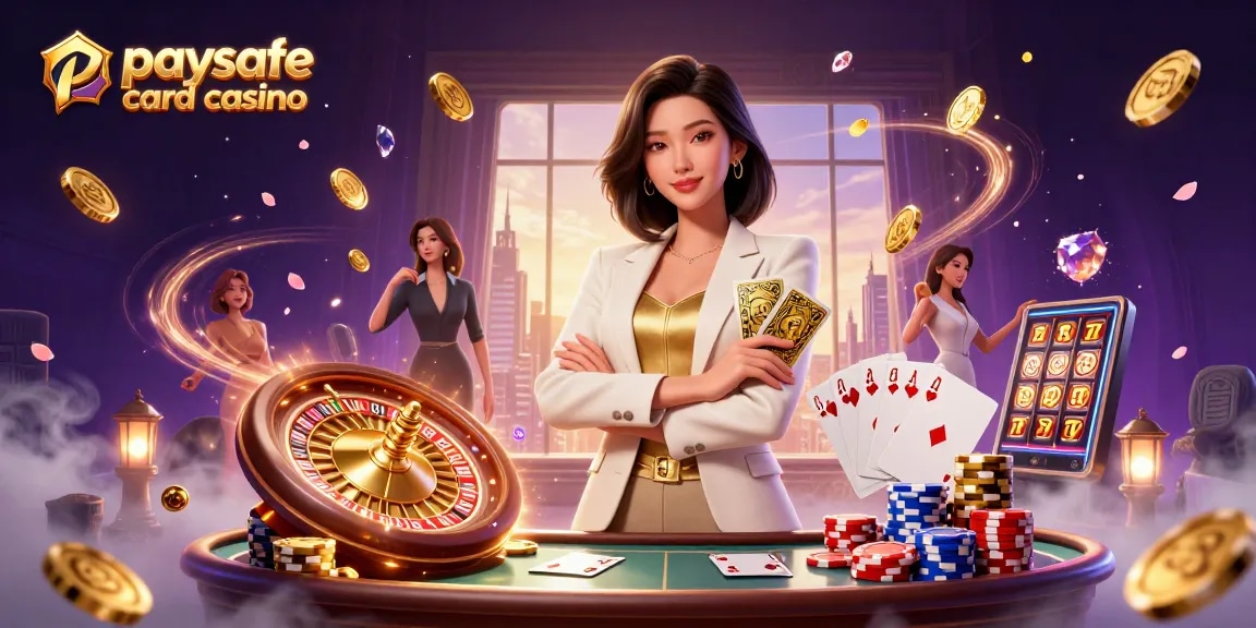 Erleben Sie den Nervenkitzel in einem Paysafe Card Casino mit einer eleganten Dealerin, die Karten inmitten einer lebhaften Spielszene präsentiert.