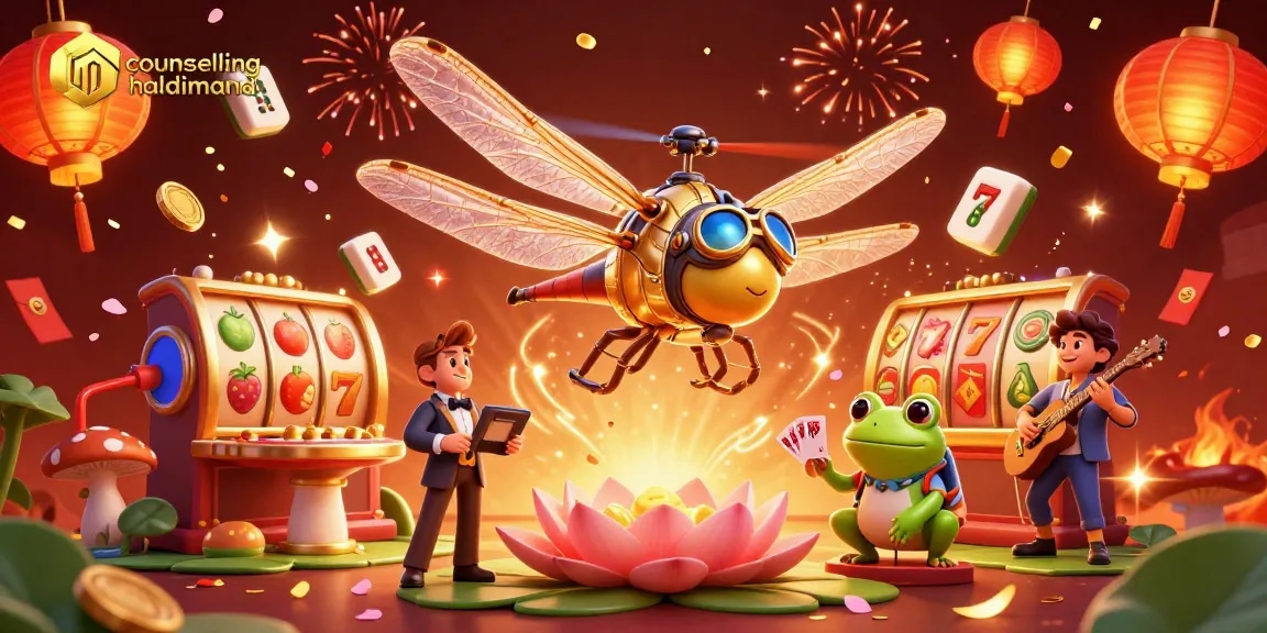 Counselling Haldimand promotes lively slot gaming action with a dragonfly pilot and frog dealer.