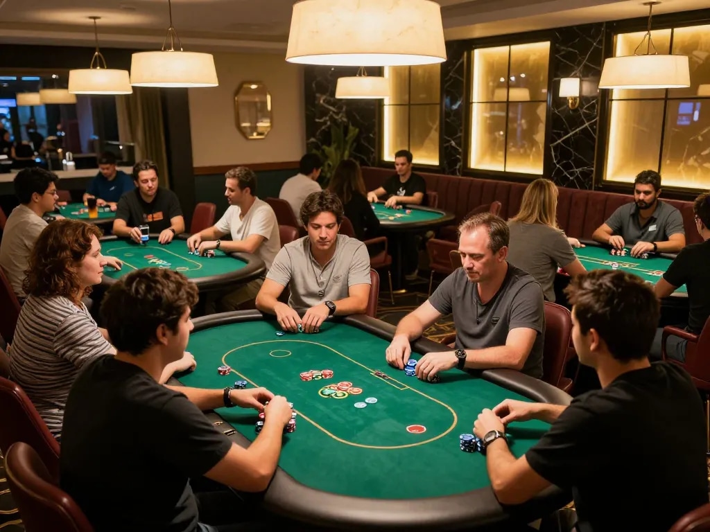 Vin88 poker players engaged in a competitive game, showcasing strategic play and a vibrant atmosphere.