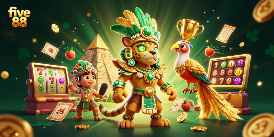 Experience the excitement of five 88 with vibrant golden symbols, jackpots, and thrilling action in a captivating casino scene.