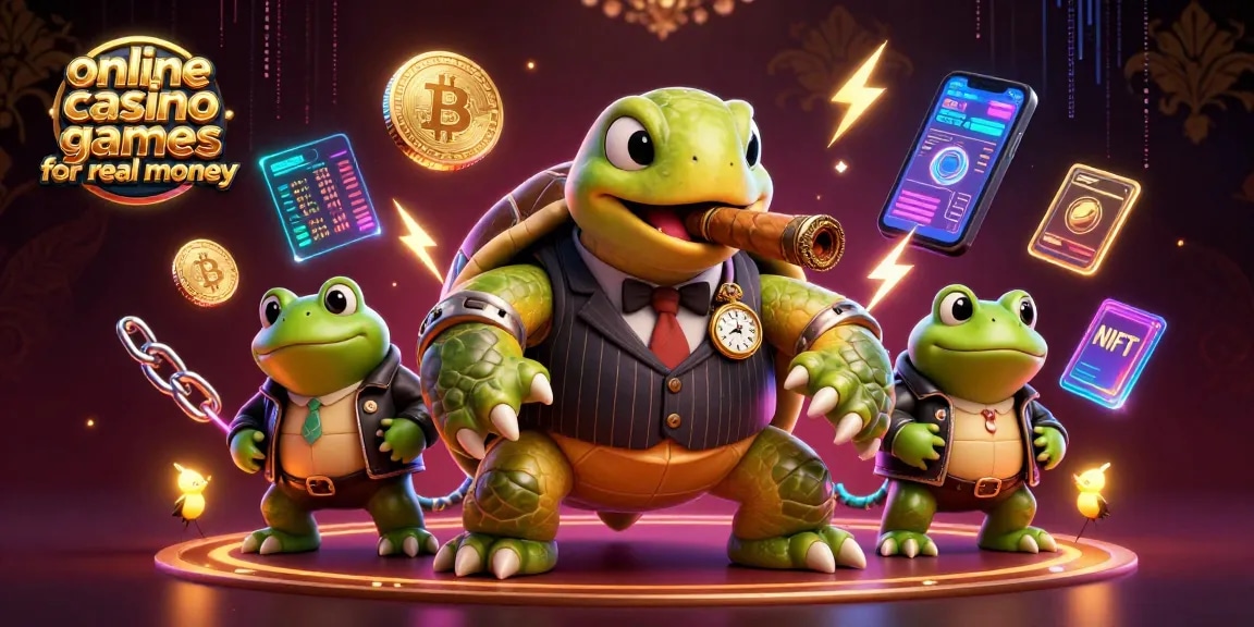 Engage in online casino games for real money with a vivid digital illustration featuring a snapping turtle and frog enforcers.