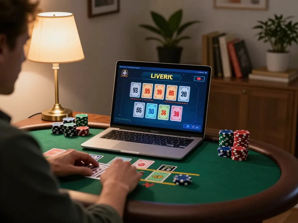 Player enjoying a live dealer game on vb88game, showcasing interactive online blackjack on laptop.