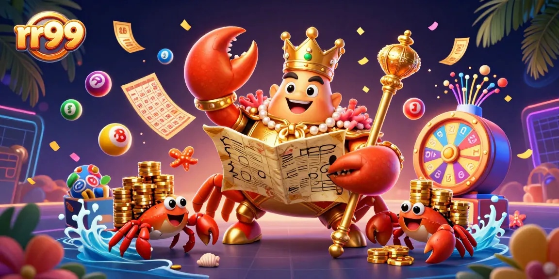 Win big with rr99 in a vibrant casino scene featuring a golden crab emperor.