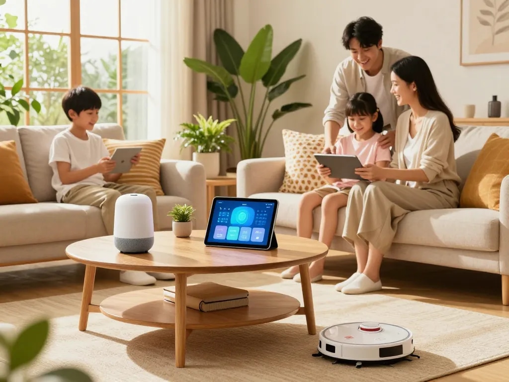 Family enjoying tech gadgets for home in a cozy living room with smart devices.