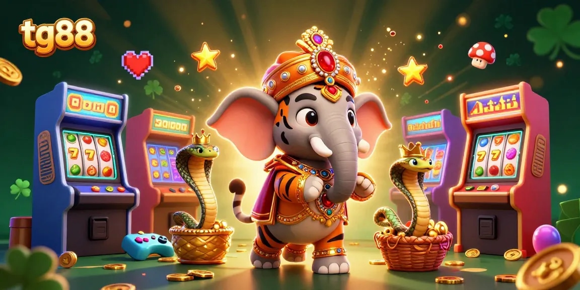 Engage with tg88 casino excitement featuring a royal tiger, elephant, and cobra amidst vivid gaming elements.