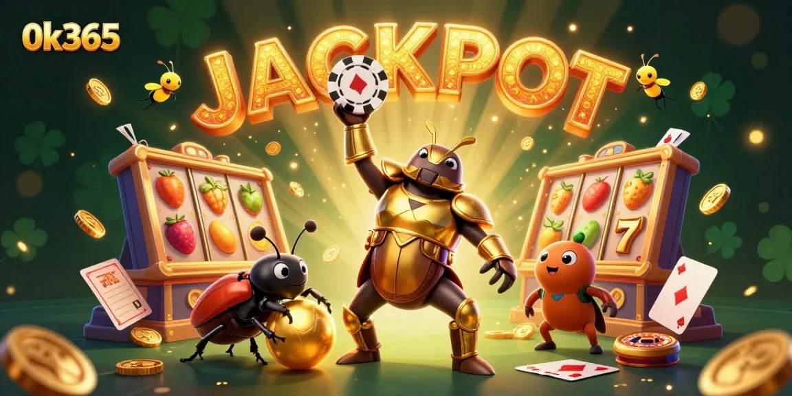 Witness the thrilling excitement of 0k365 as cartoon beetles celebrate with casino elements, showcasing winning potential.