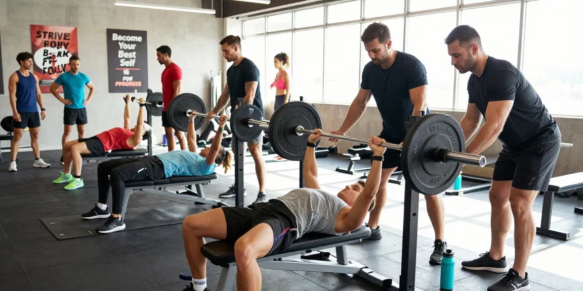 Dynamische Trainingsszene im Anabolika Shop Deutschland Fitnessstudio, die verschiedene Athleten bei Fitnessaktivitäten zeigt.