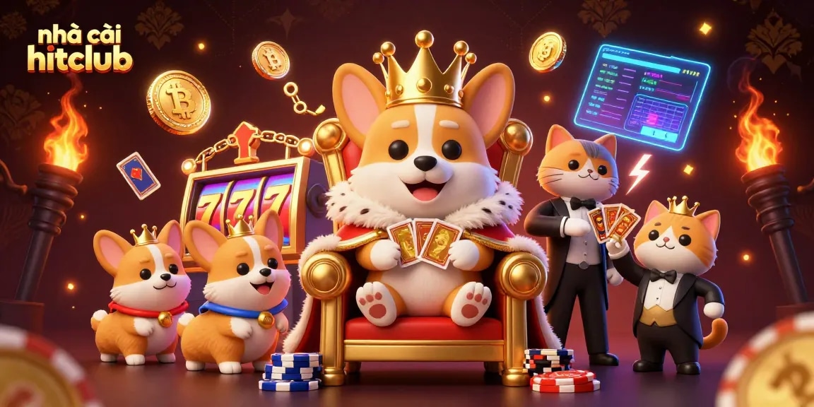 Engage with exhilarating games at nhà cái hitclub with glowing slot machines, royal corgi, and vibrant casino elements.
